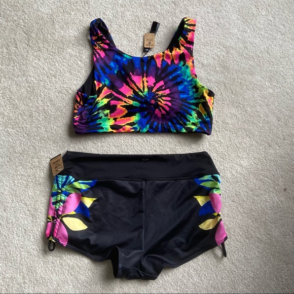 VS PINK Bikini Set Gym to Swim Tie-Dye Set Floral Shorties Cinch Waist Sport Bra - Picture 2 of 4